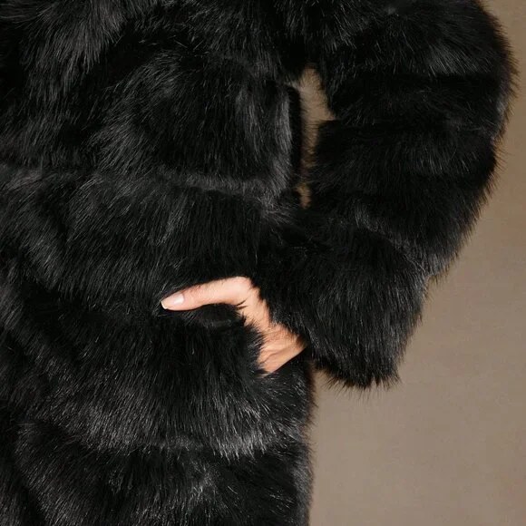 Black Casual Women's Elegant Fluffy Thickened Knee-Length Coat - Picture 5 of 8